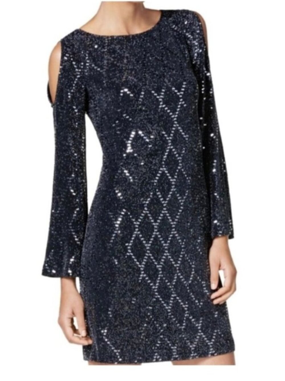 Jessica Howard Cold Shoulder Mini Dress 10 Black Silver Sequin Cocktail Party